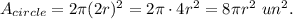 A_{circle}=2\pi (2r)^2=2\pi \cdot 4r^2=8\pi r^2\ un^2.