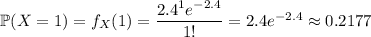 \mathbb P(X=1)=f_X(1)=\dfrac{2.4^1e^{-2.4}}{1!}=2.4e^{-2.4}\approx0.2177