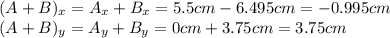 (A+B)_x=A_x+B_x=5.5cm-6.495cm=-0.995cm\\(A+B)_y=A_y+B_y=0cm+3.75cm=3.75cm
