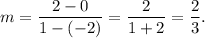 m=\dfrac{2-0}{1-(-2)}=\dfrac{2}{1+2}=\dfrac{2}{3}.