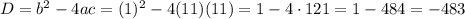 D =b^2-4ac =(1)^2 -4(11)(11) = 1-4\cdot 121 = 1-484= -483