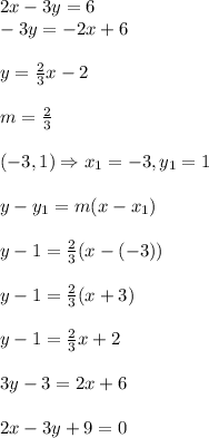 2x-3y=6&#10;\\-3y=-2x+6&#10;\\&#10;\\y= \frac{2}{3} x-2&#10;\\&#10;\\m= \frac{2}{3}&#10;\\&#10;\\(-3,1) \Rightarrow x_1=-3,y_1=1&#10;\\&#10;\\y-y_1=m(x-x_1)&#10;\\&#10;\\y-1=\frac{2}{3}(x-(-3))&#10;\\&#10;\\y-1=\frac{2}{3}(x+3)&#10;\\&#10;\\y-1=\frac{2}{3}x+2&#10;\\&#10;\\3y-3=2x+6&#10;\\&#10;\\2x-3y+9=0