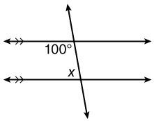 Given: parallel lines are crossed by a transversal line. what is the value of x? 80° 90° 100° 180°