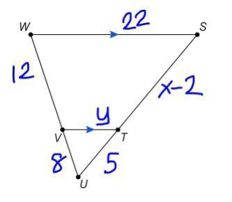 Find x and y, given that line ws and line vt are parallel. show all