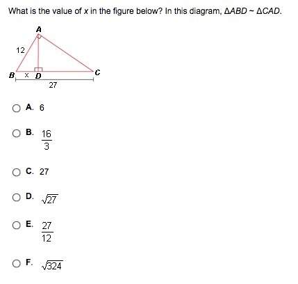 What is the value of x in the figure below? in this diagram, δabd ~ δcad. i need this answer soon .