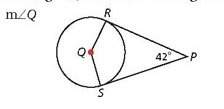 Pr and ps are tangent to center q. find the measurement of angle q.
