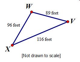 What is the approximate angle measure for angle w in the triangle below? 48.5° 53.9° 77.6° 89.8°