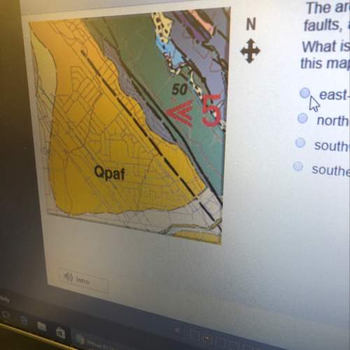 The area shown on this geologic map is influenced by faults, as indicated by the red arrow near the