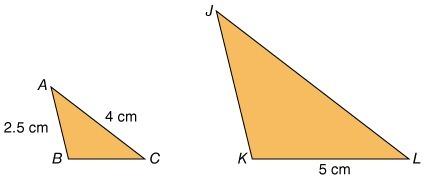 The triangles are isosceles and δabc : δjkl. what is the length of j-l? 5 cm7.5 cm8 cm10 cm