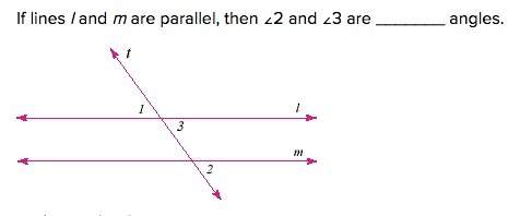 If lines l and m are parallel, then ∠2 and ∠3 are angles. alternate interior corresponding alternat