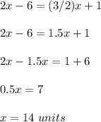 2x-6=(3/2)x+1\\ \\2x-6=1.5x+1\\ \\2x-1.5x=1+6\\ \\0.5x=7\\ \\ x=14\ units