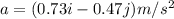 a=(0.73 i -0.47 j) m/s^2