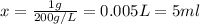 x=\frac{1 g}{200 g/L}=0.005 L = 5 ml