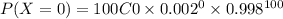 P(X = 0) = 100C0 \times 0.002^{0} \times 0.998^{100}