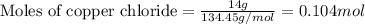 \text{Moles of copper chloride}=\frac{14g}{134.45g/mol}=0.104mol