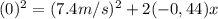 (0)^{2} = (7.4 m/s)^{2} + 2(-0,44)x