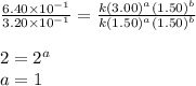 \frac{6.40\times 10^{-1}}{3.20\times 10^{-1}}=\frac{k(3.00)^a(1.50)^b}{k(1.50)^a(1.50)^b}\\\\2=2^a\\a=1