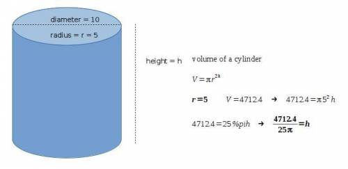 The diameter of a cylindrical propane gas tank is 10 feet. the total volume of the tank is 4712.4 cu