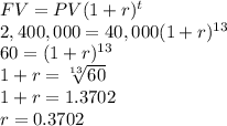 FV=PV(1+r)^t\\2,400,000=40,000(1+r)^{13}\\60=(1+r)^{13}\\1+r=\sqrt[13]{60}\\ 1+r=1.3702\\r=0.3702