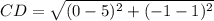 CD=\sqrt{(0-5)^2+(-1-1)^2}