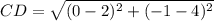 CD=\sqrt{(0-2)^2+(-1-4)^2}