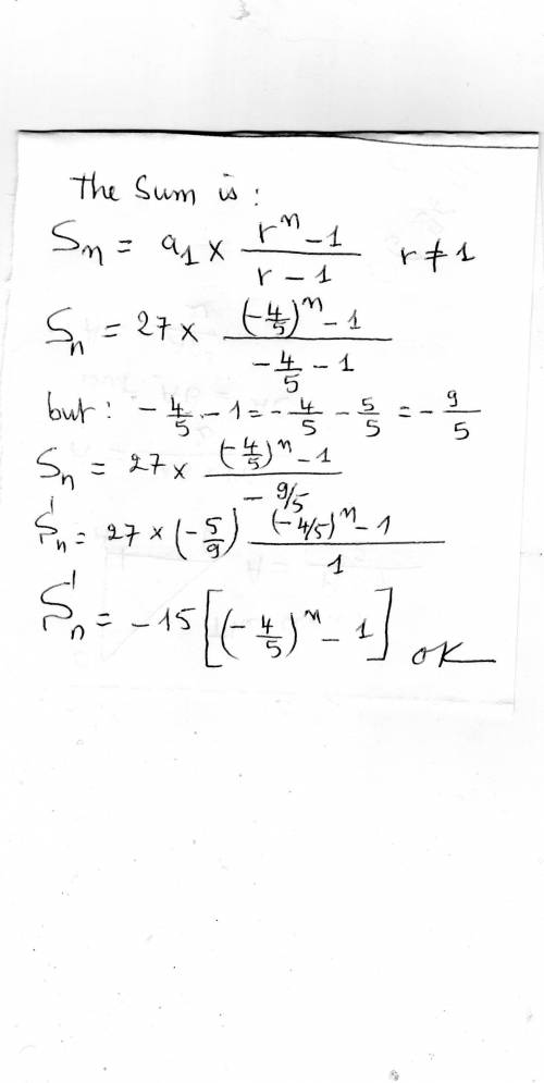 What is the sum of the infinite geometric series with a1=27 and r=-4/5?