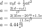 d=v_0t+\frac{1}{2}at^2\\a=\frac{2(d-v_0t)}{t^2}\\a=\frac{2(35m-20\frac{m}{s}*1.5s}{(1.5s)^2}\\a=4.44\frac{m}{s^2}