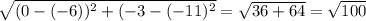 \sqrt{(0-(-6))^2+(-3-(-11)^2} = \sqrt{36+64} =\sqrt{100}