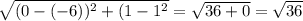 \sqrt{(0-(-6))^2+(1-1^2} = \sqrt{36+0} =\sqrt{36}