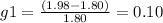 g1=\frac{(1.98-1.80)}{1.80} =0.10