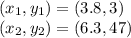 (x_1,y_1)=(3.8,3)\\(x_2,y_2)=(6.3,47)