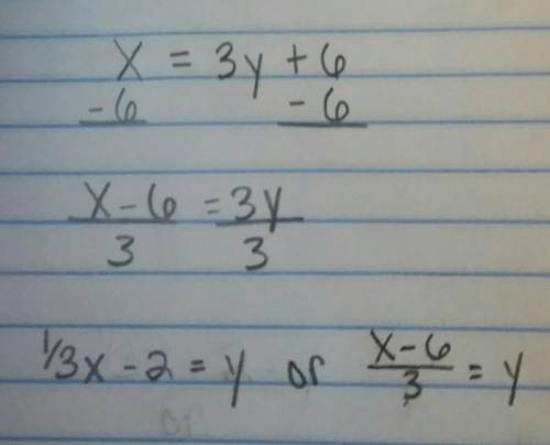 Ineed to get y by itself. x=3y+6. i need the answer and thorough steps on how to do it.   me i'm ver
