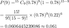 P(9)=^{15}C_9(0.78)^9(1-0.78)^{15-9}\\\\=\dfrac{15!}{9!(15-9)!}\times(0.78)^9(0.22)^6\\\\=0.0606445239086\approx0.061