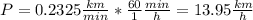 P = 0.2325 \frac {km} {min} * \frac {60} {1} \frac {min} {h} = 13.95 \frac {km} {h}