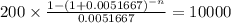 200 \times \frac{1-(1+0.0051667)^{-n} }{0.0051667} = 10000\\