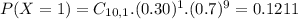 P(X = 1) = C_{10,1}.(0.30)^{1}.(0.7)^{9} = 0.1211
