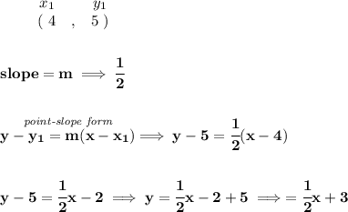 \bf \begin{array}{ccccccccc}&#10;&&x_1&&y_1\\&#10;%  (a,b)&#10;&&(~{{ 4}} &,&{{ 5}}~)&#10;\end{array}&#10;\\\\\\&#10;% slope  = m&#10;slope = {{ m}}\implies \cfrac{1}{2}&#10;\\\\\\&#10;% point-slope intercept&#10;\stackrel{\textit{point-slope form}}{y-{{ y_1}}={{ m}}(x-{{ x_1}})}\implies y-5=\cfrac{1}{2}(x-4)&#10;\\\\\\&#10;y-5=\cfrac{1}{2}x-2\implies y=\cfrac{1}{2}x-2+5\implies =\cfrac{1}{2}x+3