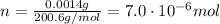 n=\frac{0.0014 g}{200.6 g/mol}=7.0\cdot 10^{-6} mol