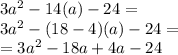 3a^2-14(a)-24=\\3a^2-(18-4)(a)-24=\\=3a^2-18a+4a-24