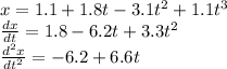 x =  1.1+1.8t-3.1t^{2} +1.1t^{3} \\\frac{dx}{dt} = 1.8-6.2t+3.3t^{2}  \\\frac{d^{2} x}{dt^{2} } = -6.2+6.6t  \\