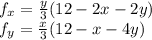 f_x =\frac{y}{3} (12-2x-2y)\\f_y = \frac{x}{3} (12-x-4y)