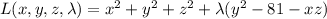 L(x,y,z,\lambda)=x^2+y^2+z^2+\lambda(y^2-81-xz)