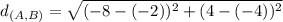 d_{(A,B)}=\sqrt{(-8-(-2))^2+(4-(-4))^2}