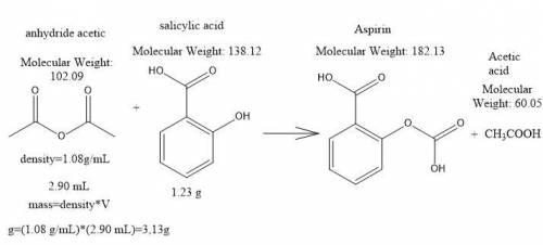 Aspirin can be made in the laboratory by reacting acetic anhydride (c4h6o3) with salicylic acid (c7h