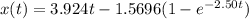 x(t) = 3.924 t - 1.5696(1-e^{-2.50t})