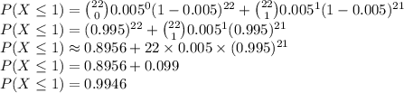 P(X\leq 1)=\binom{22}{0}0.005^0(1-0.005)^{22}+\binom{22}{1}0.005^1(1-0.005)^{21}\\P(X\leq 1)=(0.995)^{22}+\binom{22}{1}0.005^1(0.995)^{21}\\P(X\leq 1)\approx 0.8956+22\times 0.005\times (0.995)^{21}\\P(X\leq 1)=0.8956+0.099\\P(X\leq 1)=0.9946