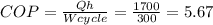 COP=\frac{Qh}{Wcycle} =\frac{1700}{300} =5.67