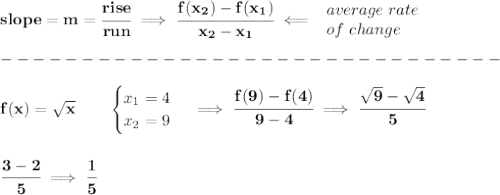 \bf slope = m = \cfrac{rise}{run} \implies &#10;\cfrac{ f(x_2) - f(x_1)}{ x_2 - x_1}\impliedby &#10;\begin{array}{llll}&#10;average~rate\\&#10;of~change&#10;\end{array}\\\\&#10;-------------------------------\\\\&#10;f(x)=  \sqrt{x} \qquad &#10;\begin{cases}&#10;x_1=4\\&#10;x_2=9&#10;\end{cases}\implies \cfrac{f(9)-f(4)}{9-4}\implies \cfrac{\sqrt{9}-\sqrt{4}}{5}&#10;\\\\\\&#10;\cfrac{3-2}{5}\implies \cfrac{1}{5}