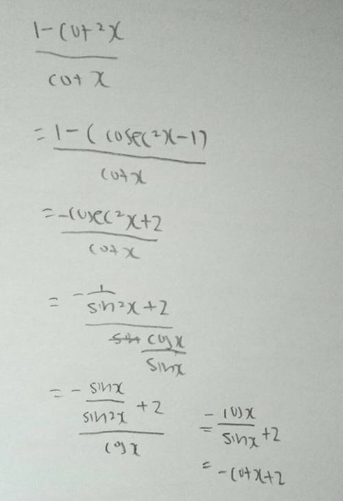 Simplify the expression. (1-cot(x))^2/cot(x) a) cot(x)+2 b) sin(x) c0s(x)-2 c)tan(x)+cot(x)-2 d)csc^