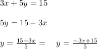 3x+5y=15\\ \\ 5y=15-3x\\ \\ y=\frac { 15-3x }{ 5 } =\quad y=\frac { -3x+15 }{ 5 }